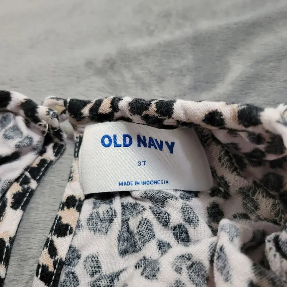 Old Navy Girls 3T Black‎ Beige Cheetah Linen Cap Sleeve Button Back Blouse Top